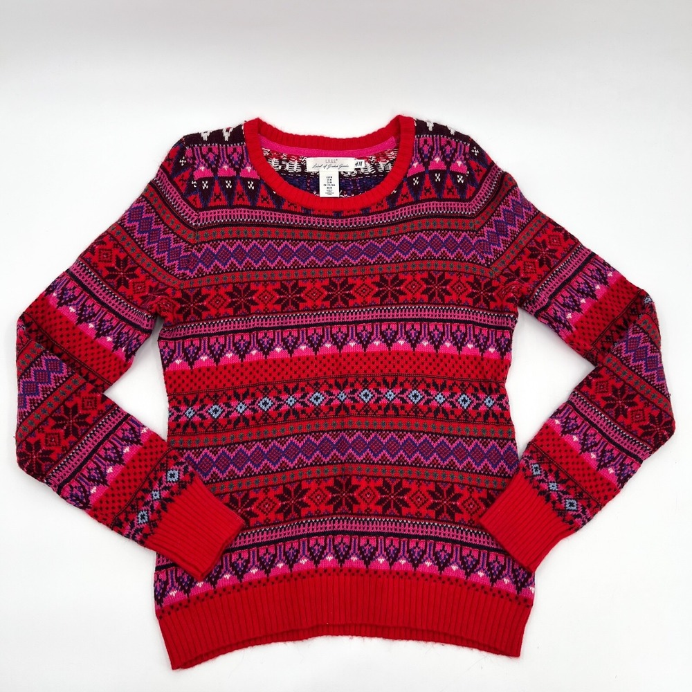H&M Sweater Womens Medium Red Striped Pullover Christmas Snowflake Long Sleeve